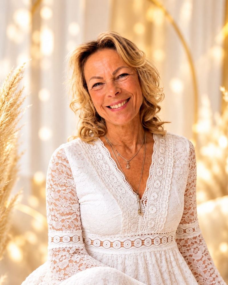 Anke Elsa Delfs, lächelnd, vor goldenem Licht.